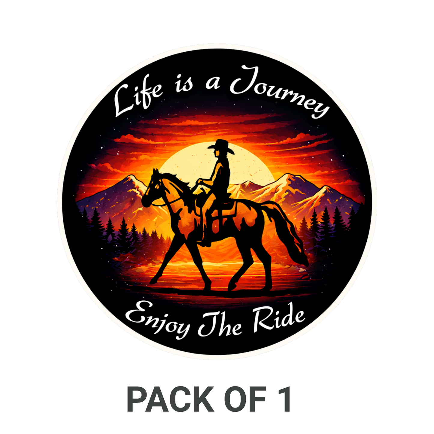 Smeeps Life is a Journey Sticker – 10.16 × 10.16 cm (4 × 4 Inch) Premium Vinyl Decal | Horse Rider Sunset Adventure Design | Waterproof UV Resistant Wash Proof | Pack of 1