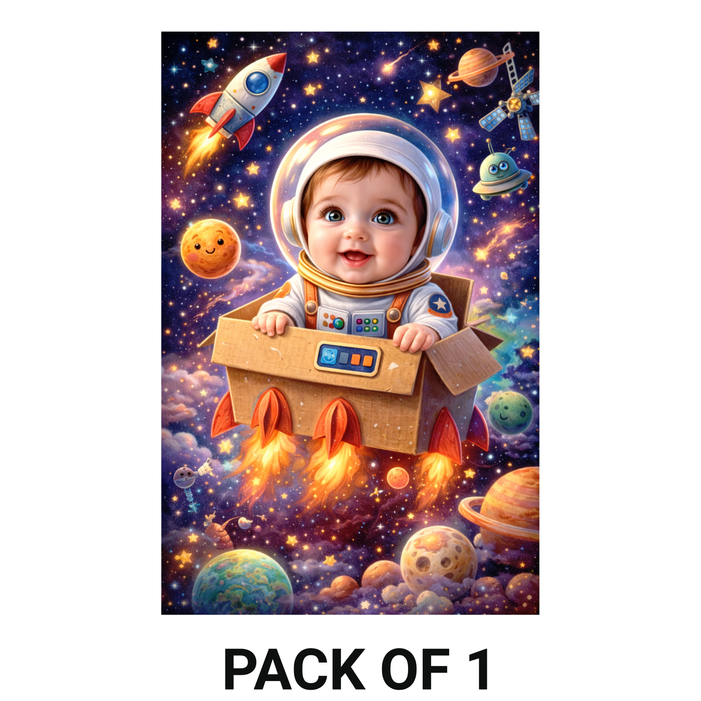 Smeeps Space Baby Wall Poster – 20.32 × 13.21 cm (8 × 5.2 Inch) Cute Astronaut Galaxy Theme Kids Decorative Poster | 300 GSM Non-Adhesive Nursery & Baby Room Wall Decor Poster for Home, Playroom & Daycare | Pack of 1