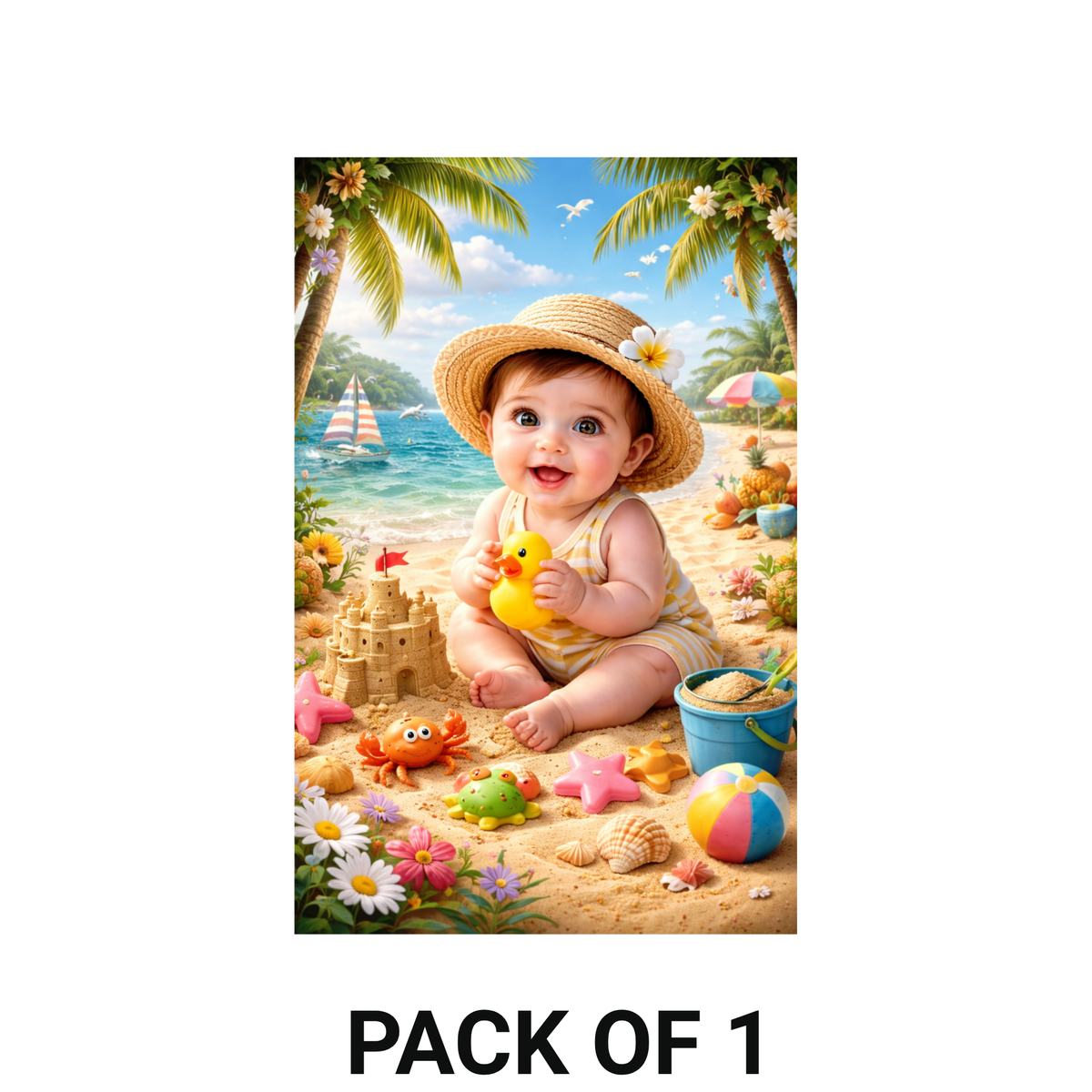 Smeeps Cute Beach Baby Wall Poster – 20.32 × 13.21 cm (8 × 5.2 Inch) Tropical Summer Theme Kids Decorative Poster | 300 GSM Non-Adhesive Nursery & Baby Room Wall Decor Poster for Home, Playroom & Daycare | Pack of 1