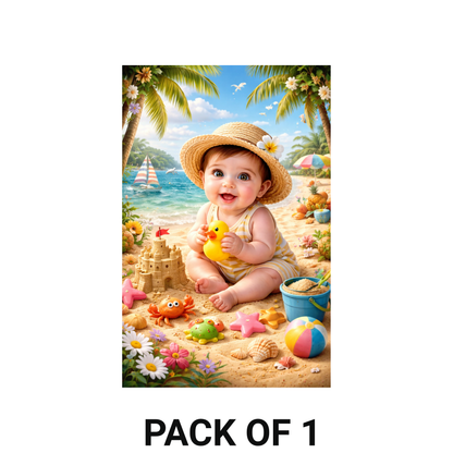 Smeeps Cute Beach Baby Wall Poster – 20.32 × 13.21 cm (8 × 5.2 Inch) Tropical Summer Theme Kids Decorative Poster | 300 GSM Non-Adhesive Nursery & Baby Room Wall Decor Poster for Home, Playroom & Daycare | Pack of 1