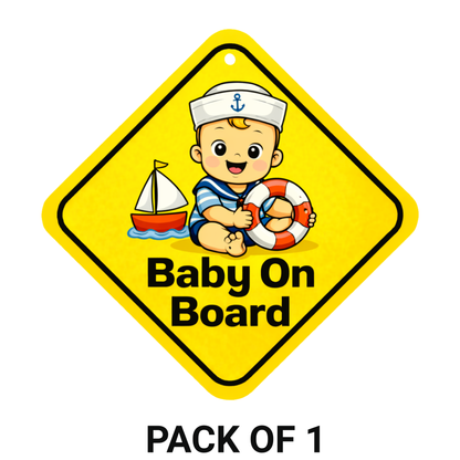 Smeeps Baby On Board Hanging Sign – 20.32 × 20.32 cm (8 × 8 Inch) Cute Sailor Baby Waterproof Car Hanging Board with Suction Cup | Baby Safety Vehicle Warning Sign