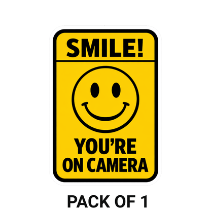 Smeeps Smile You’re On Camera Sticker – 20.32 × 14.23 cm (8 × 5.6 Inch) Waterproof Vinyl CCTV Warning Sign | Security Camera Notice Decal | UV Resistant Washproof Office Door Sticker | Pack of 1