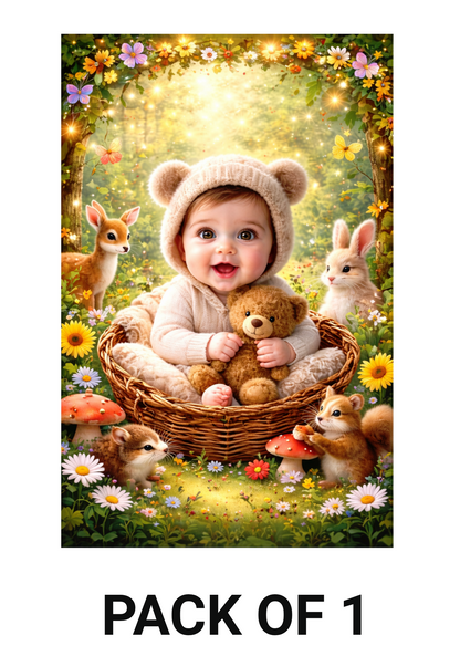 Smeeps Cute Baby Forest Theme Wall Poster – 20.32 × 13.21 cm (8 × 5.2 Inch) Kids Nursery Decorative Poster with Baby, Teddy Bear & Animal Theme | 300 GSM Non-Adhesive Wall Decor Poster for Baby Room & Playroom | Pack of 1