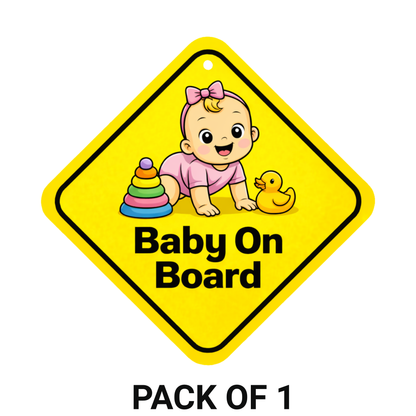Smeeps Baby On Board Hanging Sign – 20.32 × 20.32 cm (8 × 8 Inch) Cute Baby Girl Waterproof Car Hanging Board with Suction Cup | Safety Warning Sign for Cars & SUVs