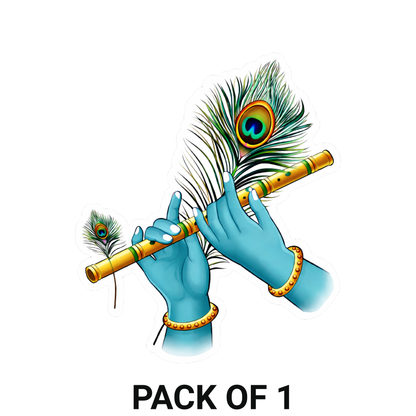 Smeeps Krishna Flute Sticker – 9.66 × 11.43 cm (3.8 × 4.5 Inch) Premium Vinyl Decal | Lord Krishna Hands with Flute & Peacock Feather Design | Waterproof UV Resistant Wash Proof | Pack of 1