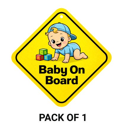 Smeeps Baby On Board Hanging Sign – 20.32 × 20.32 cm (8 × 8 Inch) Cute Crawling Baby with ABC Blocks Waterproof Car Hanging Board with Suction Cup | Baby Safety Vehicle Warning Sign