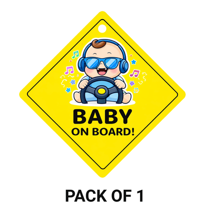 Smeeps Cool Baby On Board Hanging Sign – 20.32 × 20.32 cm (8 × 8 Inch) Cute DJ Driving Baby Waterproof Car Hanging Board with Suction Cup | Funny Baby Safety Car Sign