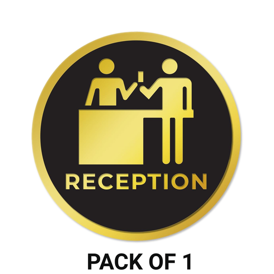 Smeeps Round “RECEPTION” Sticker Sign – 15.24 cm | Premium Gold & Black Design with Icon | Self-Adhesive Label for Office Lobbies, Hotels, and Clinics