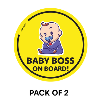 Pack of 2 | Smeeps Baby Boss on Board Car Sticker, 15.24 cm Round, Bold Yellow Safety Decal for Rear Windows – Waterproof & Weatherproof