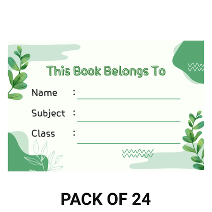 Pack of 24 |Smeeps Kids’ Nature-Themed Book Label Stickers – 7.62 x 5.08 cm – “This Book Belongs To” Writable Notebook Stickers with Leaves & Green Design | Name, Subject, Class | Pack of Eco-Inspired Labels