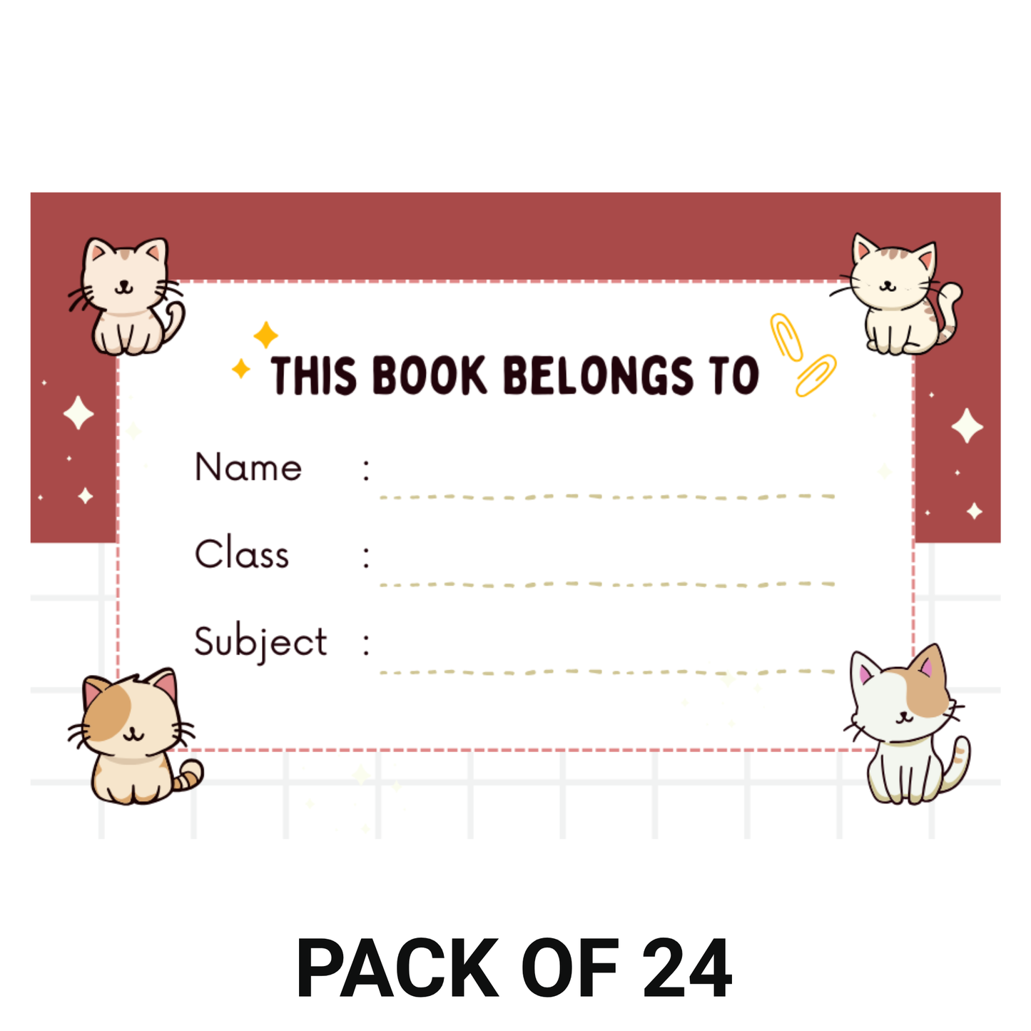 Pack of 24 |Smeeps Cute Cat-Themed Book Label Stickers – 7.62 x 5.08 cm – “This Book Belongs To” Writable Notebook Stickers for Kids | Name, Class, Subject | Pack of Adorable Kitten Stickers