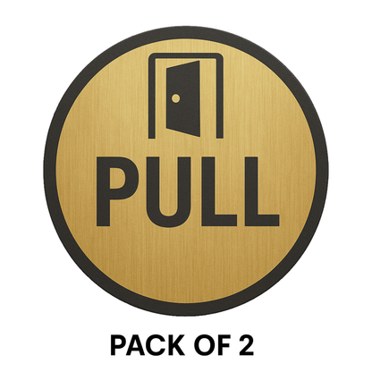 Pack of 2 | Smeeps Round “PULL” Door Sticker – 15.24 cm | Brushed Gold with Bold Black Text & Door Icon | Self-Adhesive Sign for Offices, Shops & Public Spaces