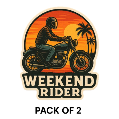 Smeeps Weekend Rider Sticker – 10.16 x 10.16 cm | Sunset Scene Vinyl Bike Decal (Bold Rider & Palm Silhouette Design)