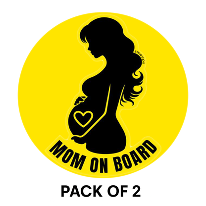 Pack of 2 | Smeeps Mom on Board Sticker – 15.24 cm Round | Bold Silhouette Design with Heart | Yellow & Black Waterproof Car Safety Sign