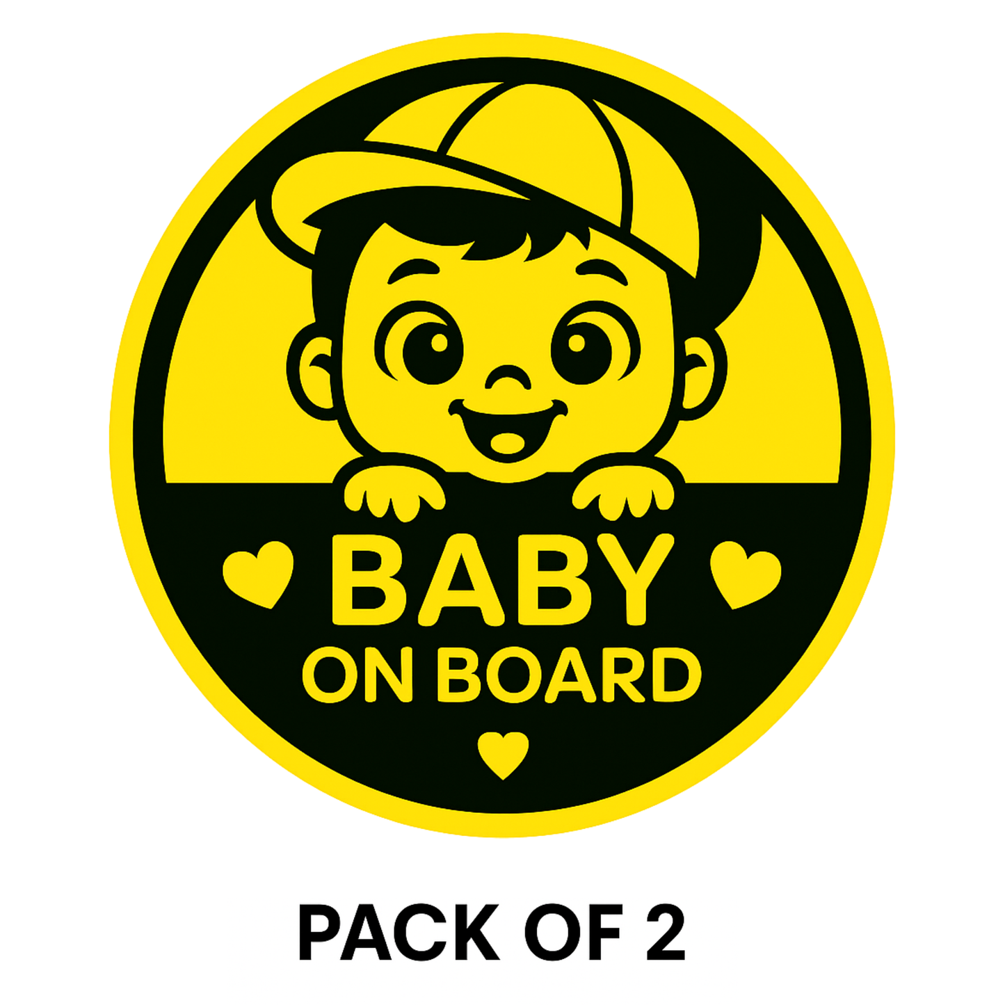 Smeeps Baby On Board Sticker – 14 x 14 cm Cute Baby Boy Round Car Safety Decal | Yellow & Black Heart Theme | Waterproof & UV-Resistant Vinyl