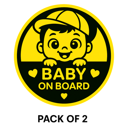 Smeeps Baby On Board Sticker – 14 x 14 cm Cute Baby Boy Round Car Safety Decal | Yellow & Black Heart Theme | Waterproof & UV-Resistant Vinyl