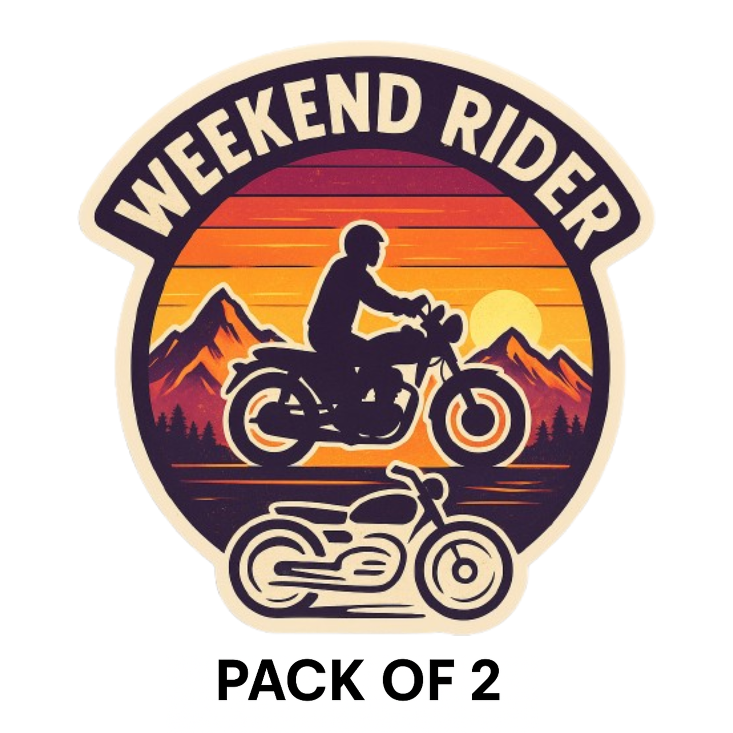 Smeeps Weekend Rider Mountain Sticker – 10.16 x 10.16 cm | Adventure Vinyl Bike Decal (Sunset & Silhouette Design)