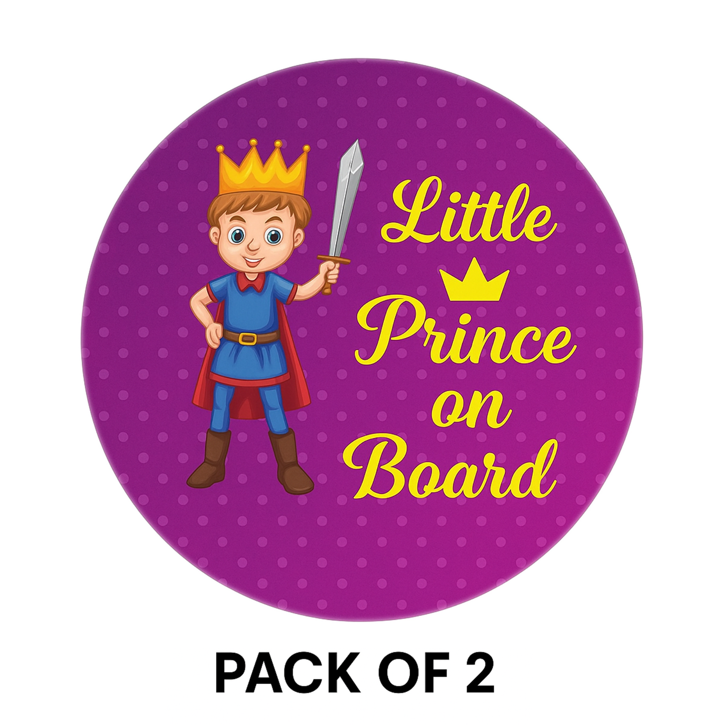 Pack of 2 | Smeeps Little Prince On Board Sticker – 15.24 cm Round | Cute Cartoon Prince with Sword & Crown | Purple Polka Dot Safety Sign for Cars