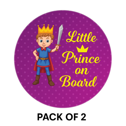Pack of 2 | Smeeps Little Prince On Board Sticker – 15.24 cm Round | Cute Cartoon Prince with Sword & Crown | Purple Polka Dot Safety Sign for Cars