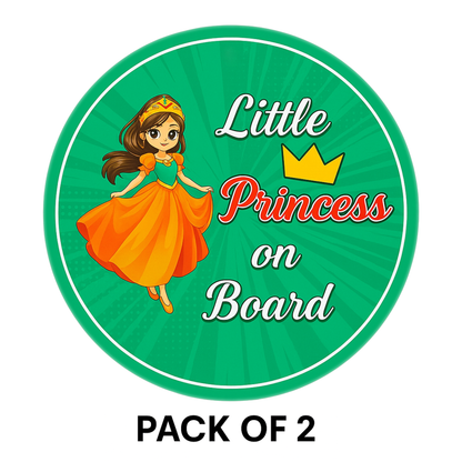 Pack of 2 | Smeeps Little Princess On Board Sticker – 15.24 cm Round | Cute Cartoon Princess with Crown & Dress | Green Car Safety Sign for Kids