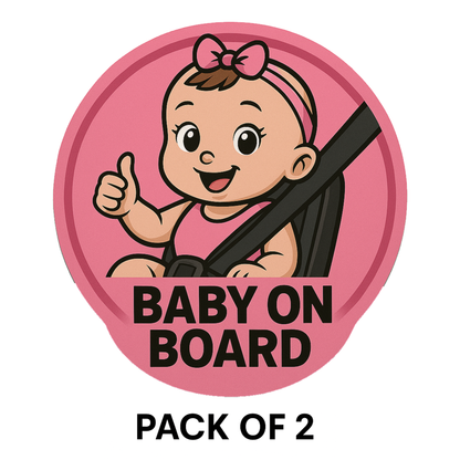 Smeeps Baby On Board Sticker – 13.97 x 13.97 cm Round | Cute Baby Girl in Car Seat with Thumbs-Up | Waterproof Pink Car Safety Sign