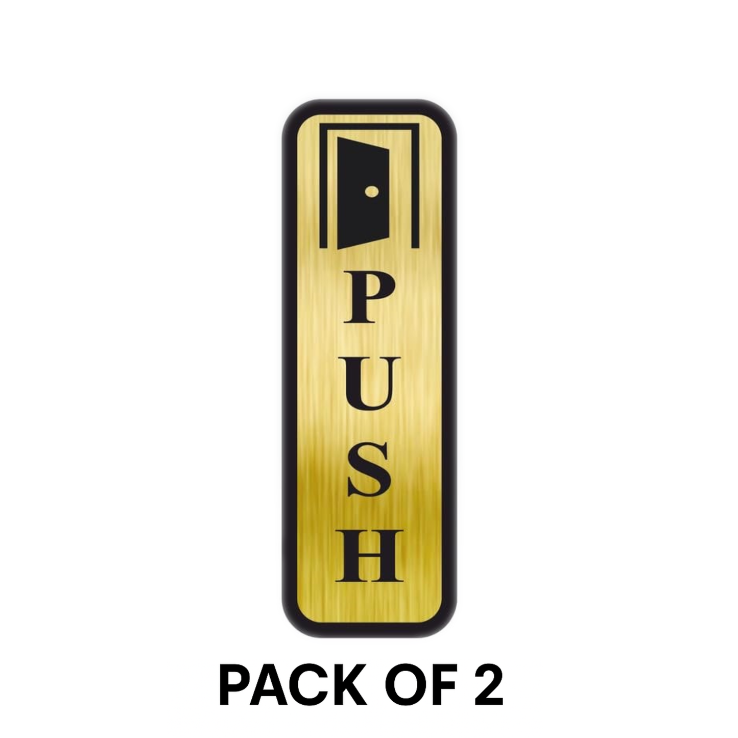Pack of 2 | Smeeps Vertical “PUSH” Door Sign – 19 x 6 cm | Gold Brushed Finish with Black Border | Adhesive Back | Stylish & Durable Metal-Look Plate Stickers for Offices, Shops, and Hotels
