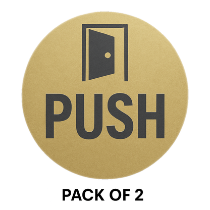 Pack of 2 | Smeeps Round “PUSH” Door Sticker – 15.24 cm | Gold Finish with Bold Black Print | Adhesive Vinyl Decal for Glass, Metal & Wood Doors | Easy to Apply | Office, Retail & Hospitality Use