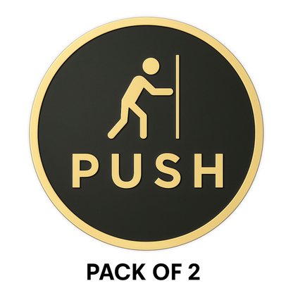 Pack of 2 | Smeeps “PUSH” Door Sign – Round 15.24 cm | Black & Gold Finish | Self-Adhesive | Waterproof & Durable | Ideal for Office, Restaurant, and Retail Entrances
