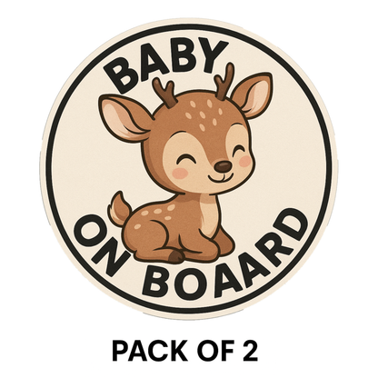 Smeeps Baby On Board Sticker – 13.97 x 13.97 cm Round | Cute Cartoon Deer Design | Neutral Cream Car Safety Sign