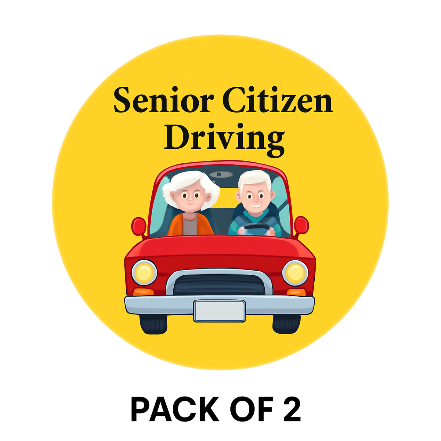 Pack of 2 | Smeeps Senior Citizen Driving Sticker – 15.24 cm Round | Friendly Elderly Couple Design | Yellow & Red High-Visibility Car Sign