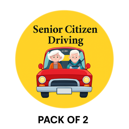 Pack of 2 | Smeeps Senior Citizen Driving Sticker – 15.24 cm Round | Friendly Elderly Couple Design | Yellow & Red High-Visibility Car Sign