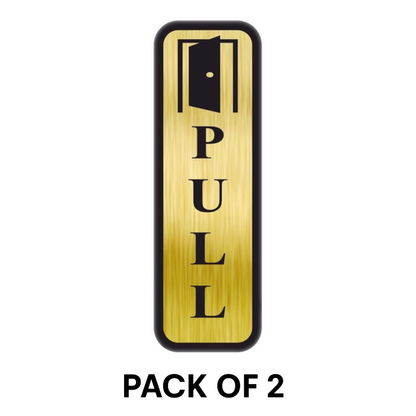 Pack of 2 | Smeeps Vertical “PULL” Door Sign – 19x6 cm | Elegant Gold Finish with Black Text & Door Icon | Adhesive Sticker for Glass, Metal & Wood Surfaces | Perfect for Office, Shops & Hotels