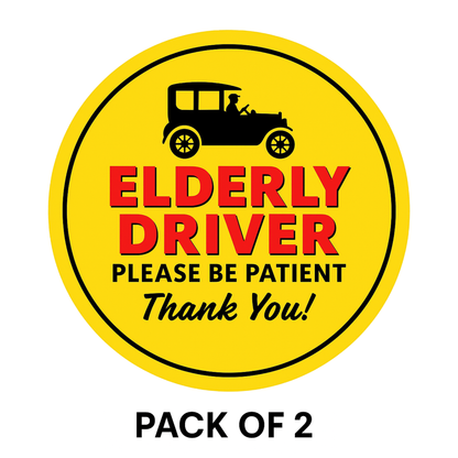 Pack of 2 | Smeeps Elderly Driver Please Be Patient Sticker – 15.24 cm Round | Bold Vintage Car Design | Yellow, Red & Black Safety Sign