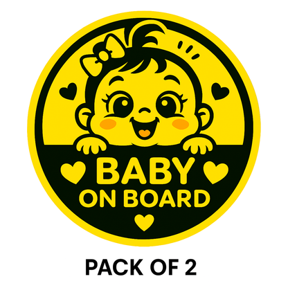 Smeeps Baby Girl On Board Sticker – 14 x 14 cm Cute Round Yellow Car Safety Decal | Heart Theme | Waterproof & UV-Resistant Vinyl