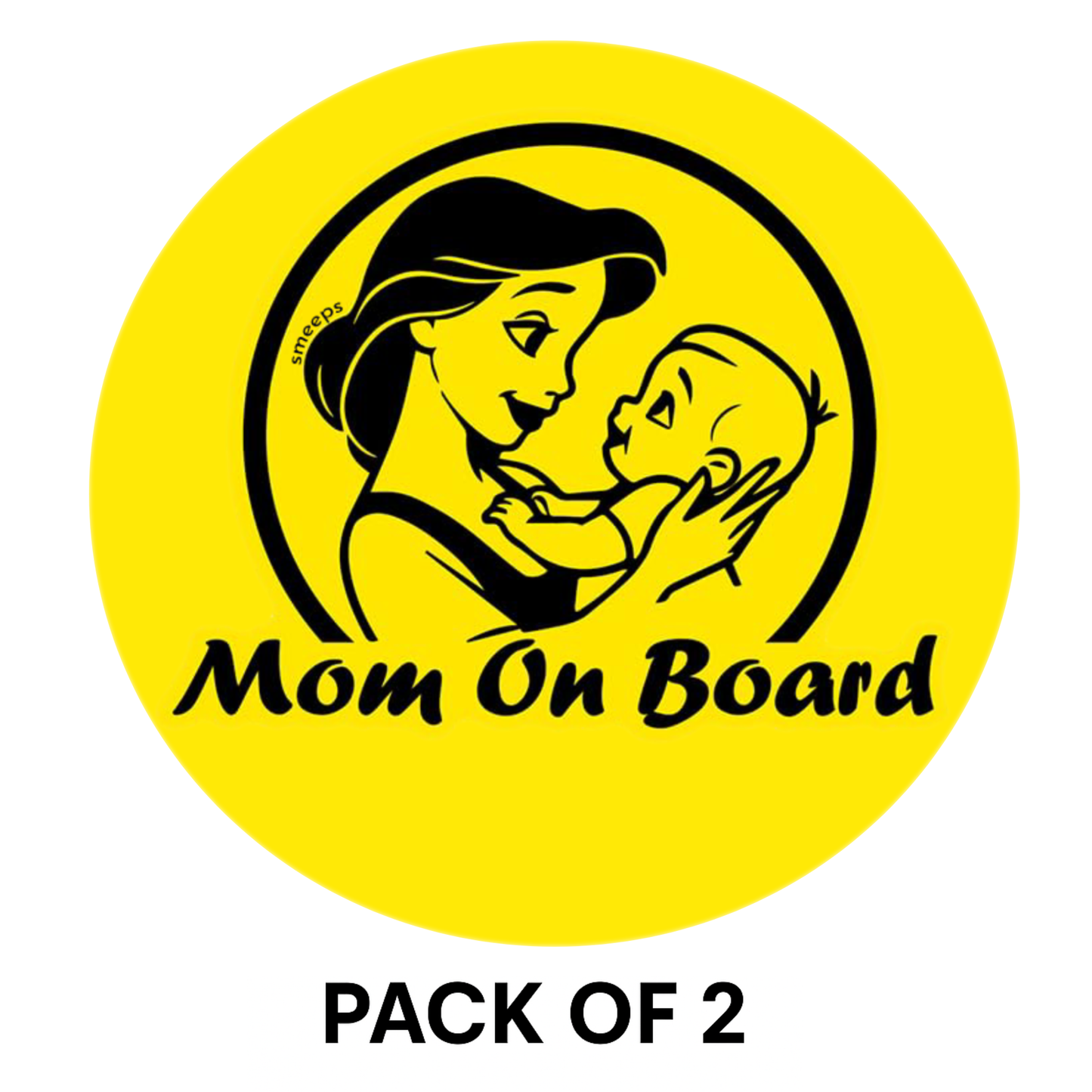 Pack of 2 | Smeeps Mom on Board Sticker – 15.24 cm Round | Loving Mom & Baby Design | Yellow & Black Waterproof Car Safety Sign