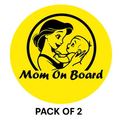 Pack of 2 | Smeeps Mom on Board Sticker – 15.24 cm Round | Loving Mom & Baby Design | Yellow & Black Waterproof Car Safety Sign