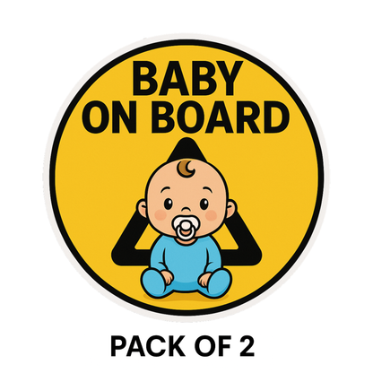 Smeeps Baby On Board Sticker – 13.97 x 13.97 cm Round | Cute Blue Baby Design with Pacifier | Bright Yellow Car Safety Sign