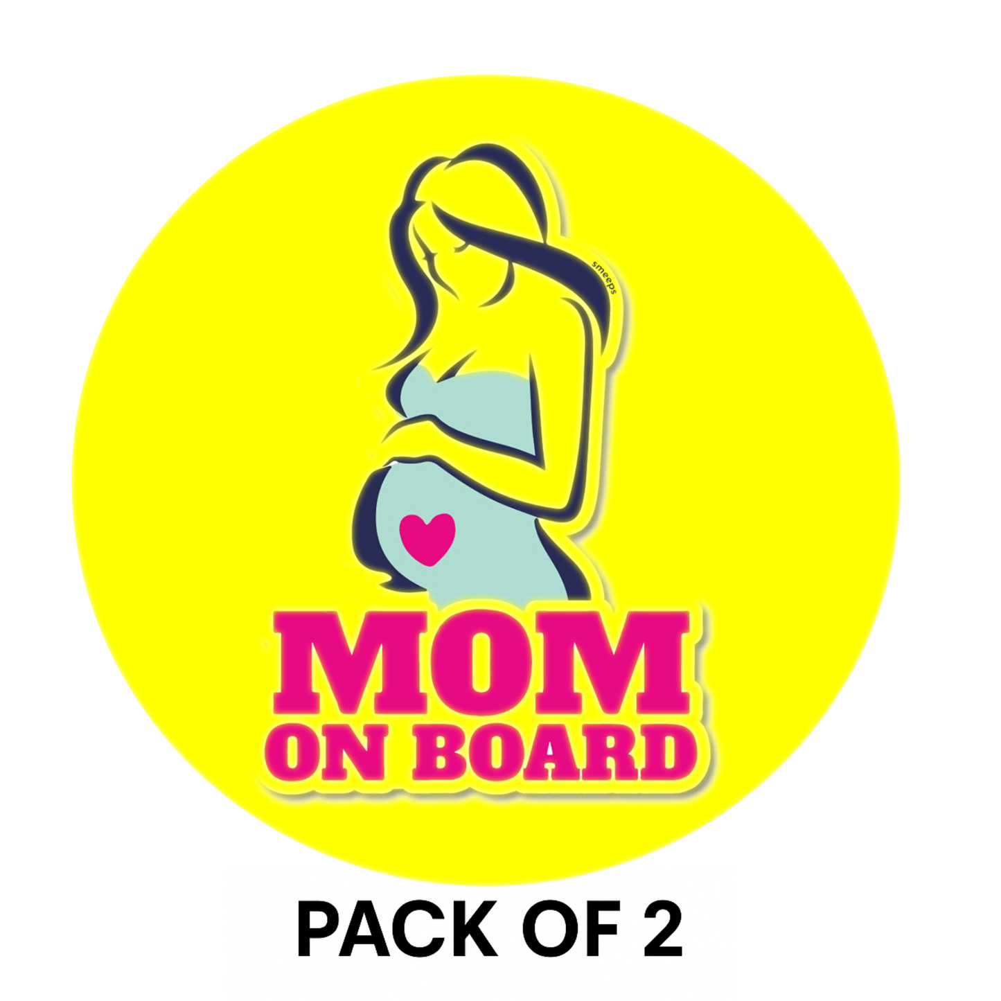 Pack of 2 | Smeeps Mom on Board Sticker – 15.24 cm Round | Stylish Pregnant Mom Design | Bright Yellow Waterproof Car Safety Sign