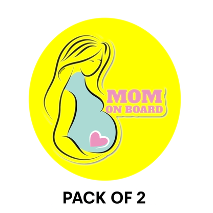 Pack of 2 | Smeeps Mom on Board Sticker – 15.24 cm Round | Pastel Silhouette & Heart Design | Yellow Waterproof Car Safety Sign